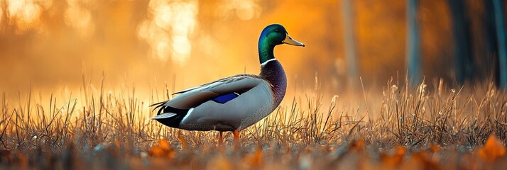 Wall Mural - wild mallard duck among the reeds in autumn for hunting concept