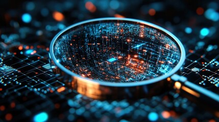 Wall Mural - 3d magnifying glass symbolically zooming in on a complex digital network representing search engines