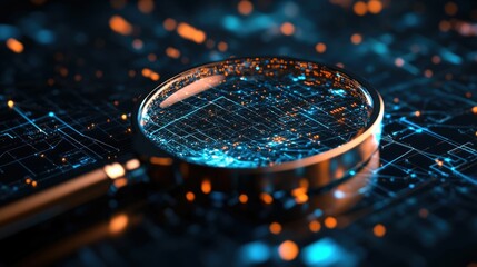 Wall Mural - a 3d magnifying glass hovering over a complex digital network symbolizing the power of search engine