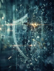 Poster - A hacker is breaking through a digital shield, causing fragments to scatter, depicting a cybersecurity attack in a modern environment. Generative AI