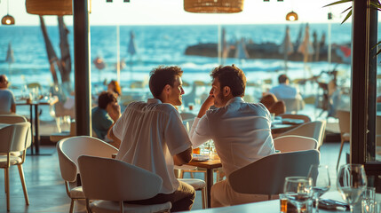 Two close friends enjoy a wonderful moment together while sipping drinks in a beautiful beachfront restaurant that features a breathtaking sunset view, enhancing their experience of the evening