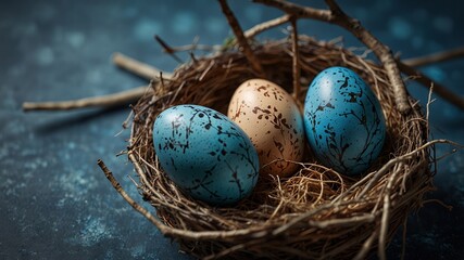 Wall Mural - Decorative Easter eggs with twigs in nest on blue background Selective focus.