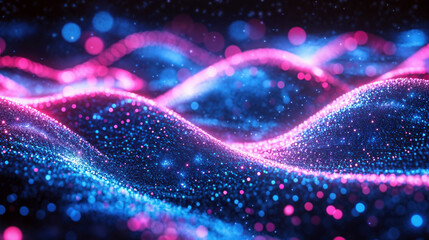 Aufkleber - Abstract glowing particles flowing forming wavy surface. Futuristic technology and data visualization concept. High quality photo