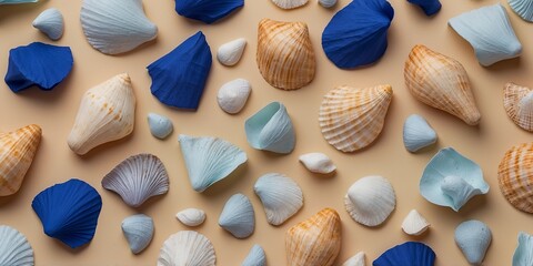 Wall Mural - Sea shells and blue crepe paper on beige background summer, vacation love or valentine's day concept flat lay.