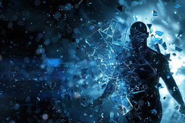 Poster - A hacker breaches a digital shield, causing fragments to scatter in a dark, high-tech setting, highlighting the threat of cyber attacks. Generative AI