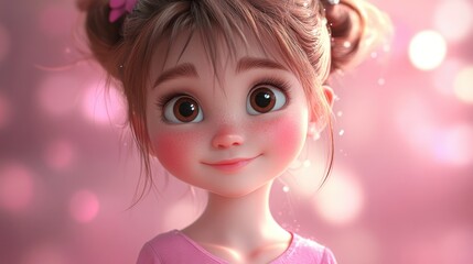 Poster - 3D Cartoon Portrait of a Cute Little Girl in Pink