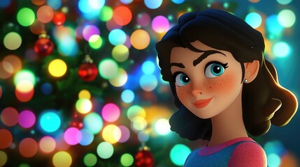 Wall Mural - 3D cartoon portrait of a lovely woman in front of a festive Christmas tree adorned with vibrant lights and a colorful bokeh backdrop