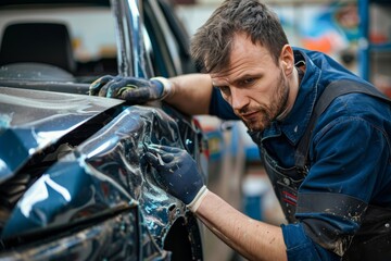 Wall Mural - Masterful car repair  meticulous dent straightening and structural restoration after an accident