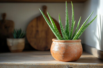 Poster - an aloe vera in a terracotta planter on a kitchen shelf