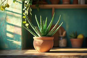 Poster - an aloe vera in a terracotta planter on a kitchen shelf