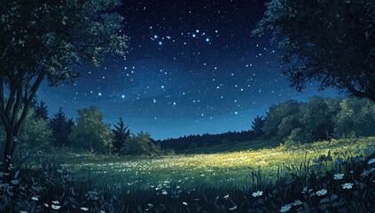 Night sky full of stars over a grassy field.