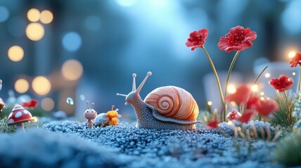 A snail singing joyfully with garden creatures in a lively scene.