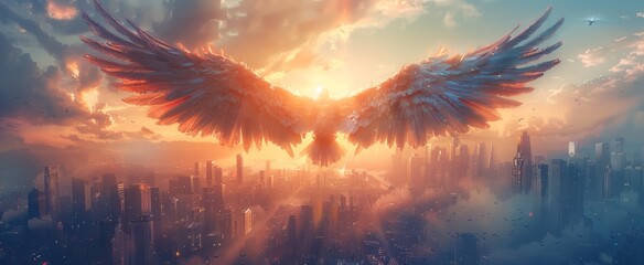 A majestic bird spreads its wings over a city, with the sun setting in the background