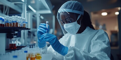 Black Female Scientist Analyzing Medicine in Lab, Black Female Scientist Examining Pharmaceutical Vials in Medical Lab Research, Medical Research, Medical,