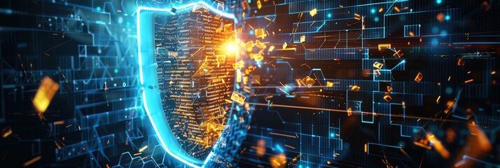 Poster - A hacker breaks through a digital shield, scattering fragments around in a vibrant virtual environment during a cybersecurity incident. Generative AI