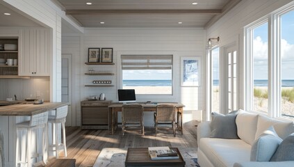 Wall Mural - Beachfront living room with white walls and ocean view.