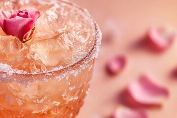 Close-up of iced drink with rose petal on rim, showcasing elegance and freshness in vibrant pink tones