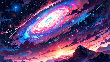 Wall Mural - High contrast anime breathtaking pink cosmic nebula swirling with vibrant background