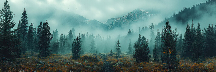 Wall Mural - Haunting Montana Mountains in Late Fall
Foggy, eerie wilderness scene with bare trees and mist-shrouded peaks. Dreary, unsettling atmosphere in a cold, isolated landscape