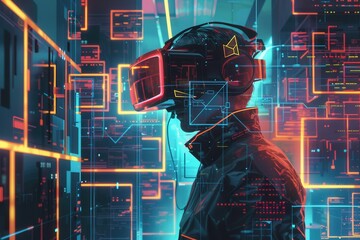 Leinwandbilder - A hacker navigates a vibrant virtual environment filled with digital locks and codes while wearing a VR headset in a tech-rich space. Generative AI