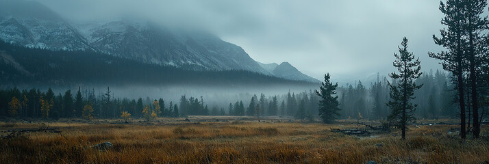 Wall Mural - Haunting Montana Mountains in Late Fall
Foggy, eerie wilderness scene with bare trees and mist-shrouded peaks. Dreary, unsettling atmosphere in a cold, isolated landscape