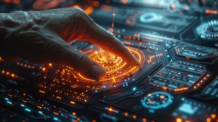 A hand is pressing a button on a futuristic screen with an electric glow, The human hands touch futuristic display computer.