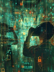 Leinwandbilder - A hacker navigates through a digital landscape, manipulating virtual locks and codes using a VR headset. Generative AI