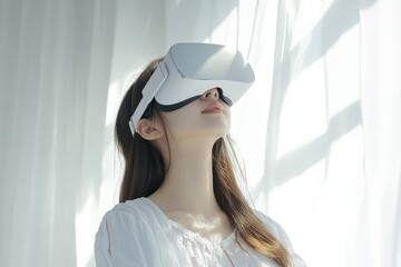 Poster - Woman in a bright serene room wearing a VR headset representing the fusion of modern technology and personal reflection in a minimalist peaceful environment