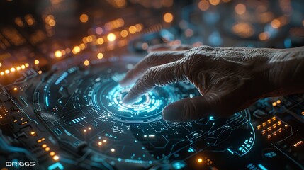 A hand is pressing a button on a futuristic screen with an electric glow, The human hands touch futuristic display computer.