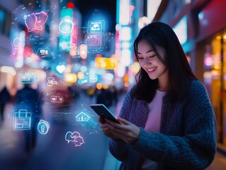 Urban night market  woman shops on phone with social media icons and vibrant apps