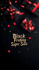 black friday sale banner with gift boxes on dark background, farmer s day promotion design