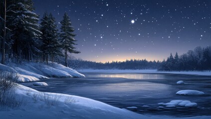 Snowy forest, frozen lake, starry sky.