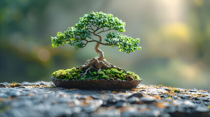 bonsai tree on rock with green background - realistic image