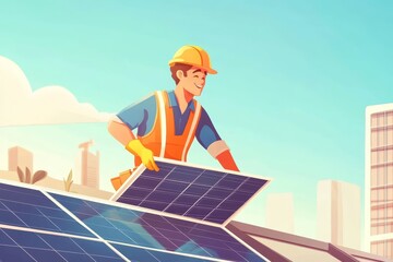 Wall Mural - photography shot, engineer high-rise worker cartoon character installing solar panel for alternative
