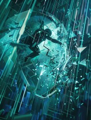 Poster - A hacker penetrates a digital shield, causing fragments to scatter amidst a high-tech environment, illustrating a cybersecurity breach. Generative AI