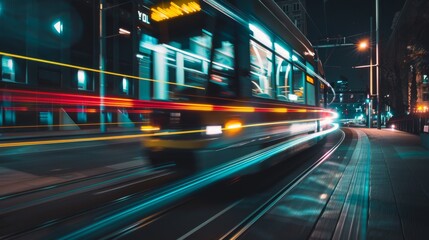 Wall Mural - A nighttime shot of a modern tram speeding through an illuminated urban landscape, highlighting motion, technology, and urban life.