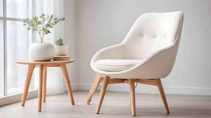 elegant white-topped chair with light-colored wooden legs resting on white