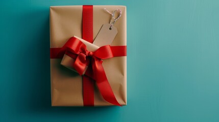 A stylishly wrapped present with a red ribbon and blank tag against a teal blue background, perfect for holiday gift-giving or special celebrations.