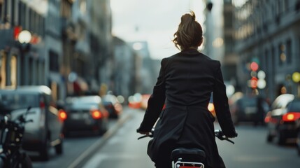 A person rides a bicycle down a bustling city street, the urban landscape fading into the background as evening light silhouettes their form.