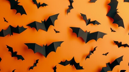 A swarm of black paper bats flying against a bright orange background, evoking a spooky Halloween ambiance with a playful touch.