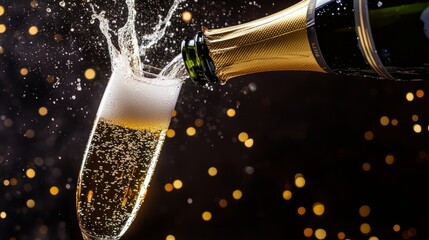 Close-up of champagne being poured into a glass with bubbles and splashes.