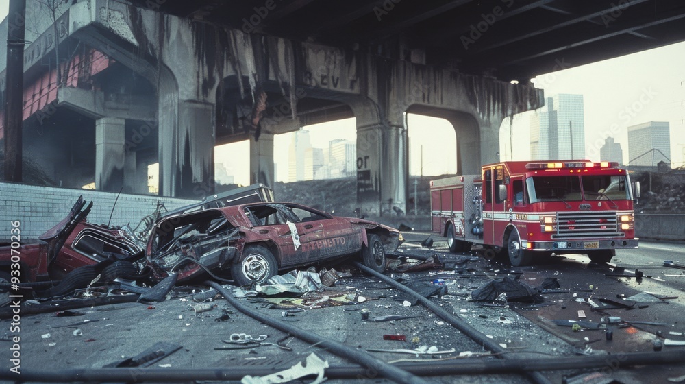 An emergency scene with severely damaged vehicles and a fire truck ...