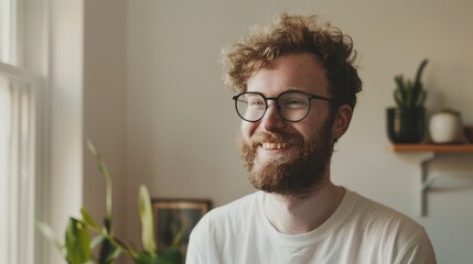 Canvas Print - A cheerful man with glasses and a beard smiling brightly in a cozy room with soft lighting and some plants in the background.