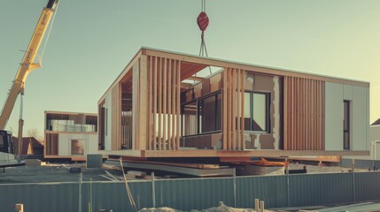 A modular home construction site with a half-completed house structure being assembled, highlighting efficient, modern building techniques.