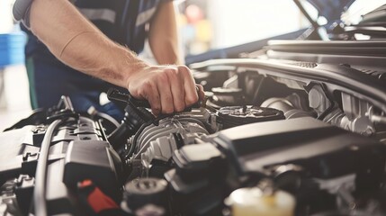 Wall Mural - Experienced mechanic expertly repairing car engine in professional automotive repair shop