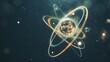 © VK Studio - Illuminated atom model with radiant paths highlighting electrons orbiting the nucleus, set against a dark starry background creating a sense of cosmic exploration.
