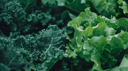 Canvas Print - Close-up of various green leafy vegetables, focusing on the intricate textures and diverse shades of green with a dewy freshness.