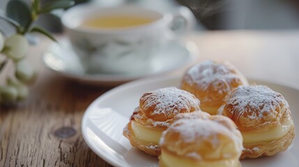 Wall Mural - Four cream puffs dusted with powdered sugar sit invitingly on a white plate, accompanied by a steaming cup of tea on a wooden table.