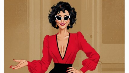 Poster - A cartoon woman in a red dress and sunglasses with her hands on hips, AI