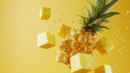 Wall Mural - Juicy pineapple chunks float mid-air against a vibrant yellow background, encapsulating freshness and tropical vibes.